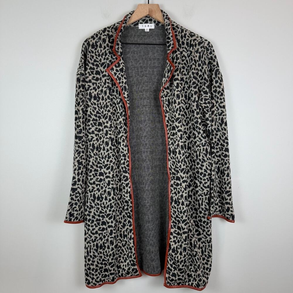 THML Cardigan Women's Medium Multi Leopard‎ Print Open Front Long Cozy Sweater